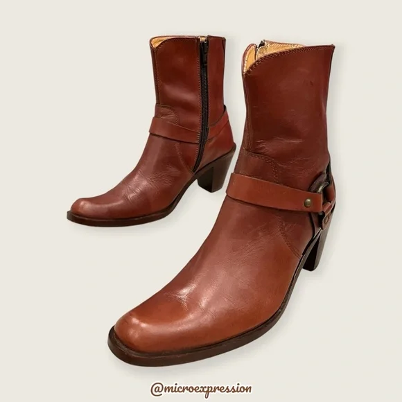 $359 Frye Romy Harness Brown Cognac Real Leather Vintage Cowboy Short Ankle Boot - Picture 10 of 12
